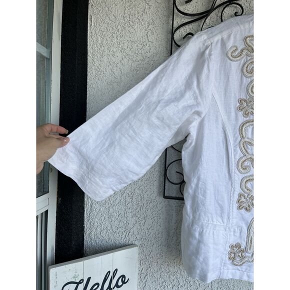 Chicos Linen Boho Beaded Jacket - Size 3/ XL Or 16 - White/ Tan Beads - Picture 4 of 9